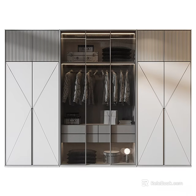 Modern Wardrobe Interior Design With Glass Doors Hanging Clothes And Storage Drawers 3d model 