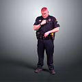 A Man In Police Uniform Standing Against Gray Background Adjusting Waist Gear With Badge