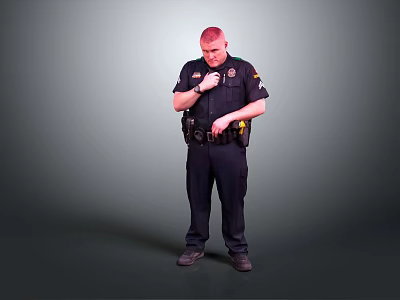 A Man In Police Uniform Standing Against Gray Background Adjusting Waist Gear With Badge 3d model