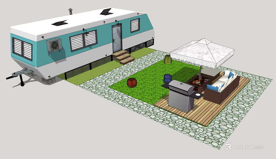 Blue And White Trailer With Outdoor Patio Grill Umbrella And Grass Lawn 3d model 