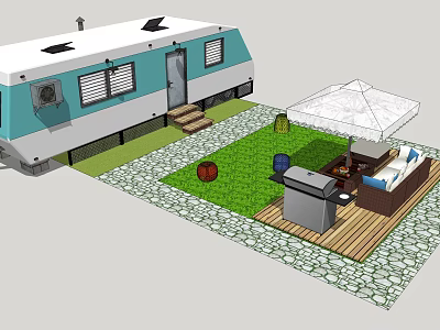 Blue And White Trailer With Outdoor Patio Grill Umbrella And Grass Lawn 3d model