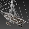 Classic Sailing Ship With Tall Masts Wooden Deck And Dinghy At Sea