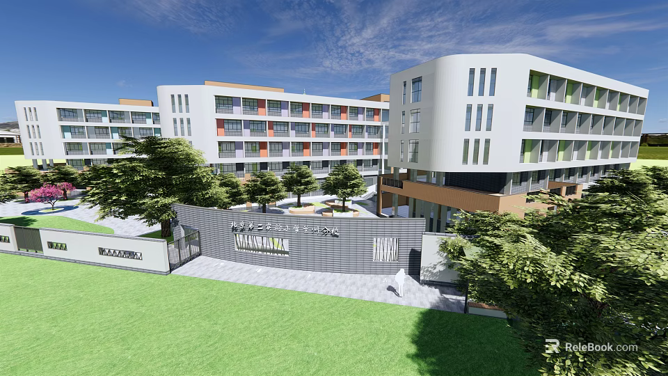Modern Multistory School Building With Green Lawn Trees Balconies And Entrance Gate 3d model 