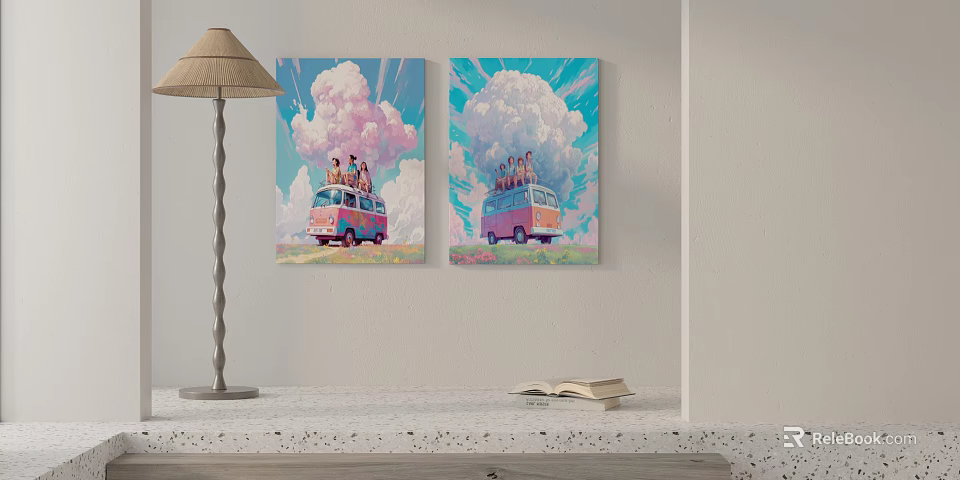 Two Paintings Of Pink Bus With People On Blue Sky And Pink Clouds On Wall 3d model 