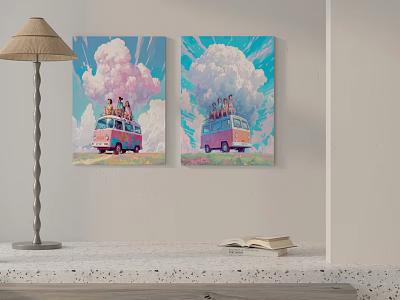 Two Paintings Of Pink Bus With People On Blue Sky And Pink Clouds On Wall 3d model