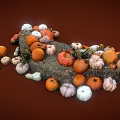 Various Colorful Pumpkins And Gourds Piled On Deep Red Background