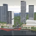 Aerial View Planning Of Modern High Rise Buildings With Waterfront Green Spaces And Mountain Backdrop