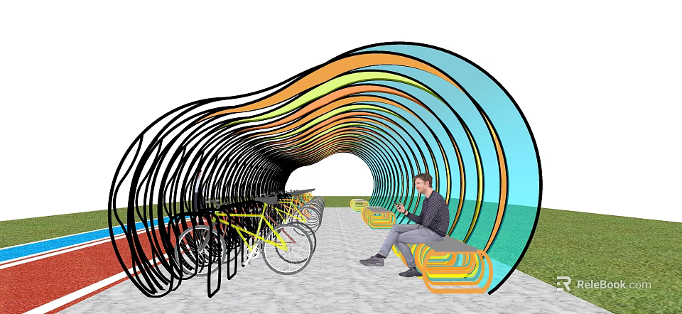 Colorful Wave Shaped Pergola With Seating Bench Bicycle Parking And Green Grass 3d model 