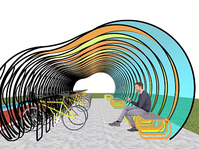 Colorful Wave Shaped Pergola With Seating Bench Bicycle Parking And Green Grass 3d model