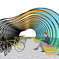 Colorful Wave Shaped Pergola With Seating Bench Bicycle Parking And Green Grass