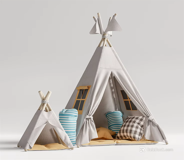 Small And Large Teepee Tents With Wooden Poles Colorful Pillows And Window Details 3d model 