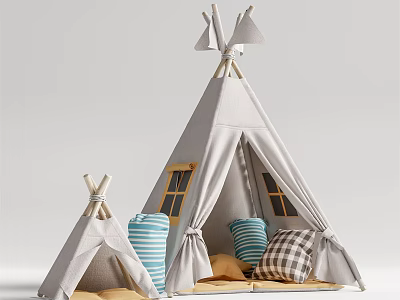 Small And Large Teepee Tents With Wooden Poles Colorful Pillows And Window Details 3d model