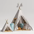 Small And Large Teepee Tents With Wooden Poles Colorful Pillows And Window Details