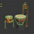 Colorful Drums and Red Easel on Dark Background as Musical Instruments and Art Supplies
