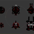 Red and Black Mechanical Devices with Modern Futuristic Design Various Arms Bases Layered Arrangement