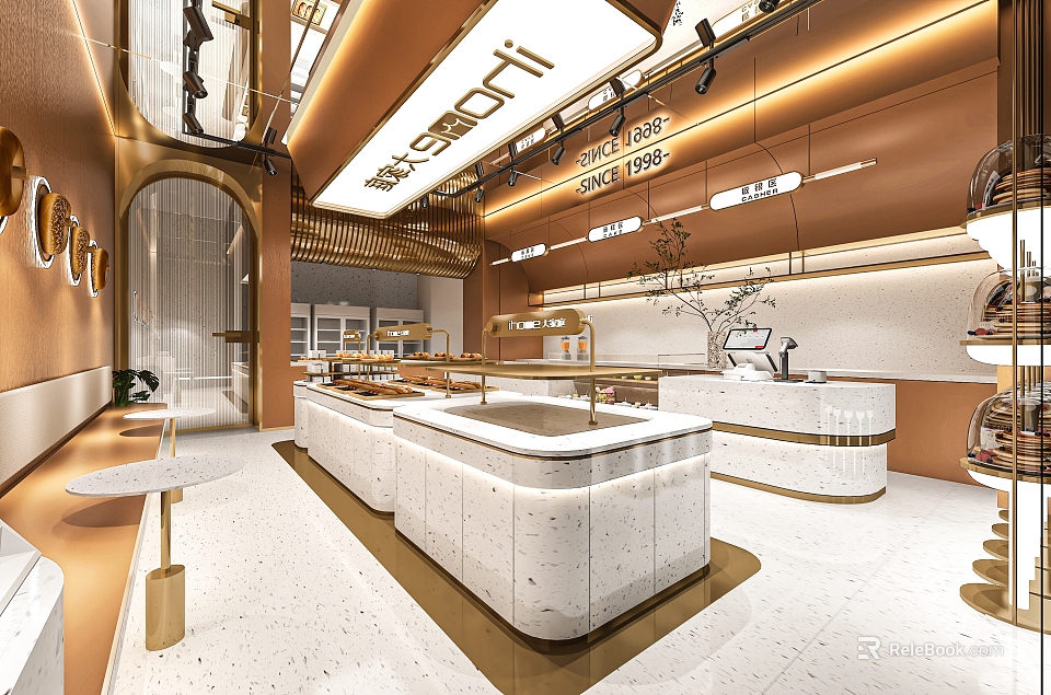 Elegant Modern Dessert Shop Interior Design With Marble Counter Display Area And Gold Lighting 3d model 