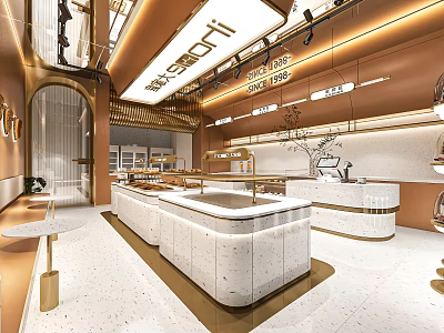 Elegant Modern Dessert Shop Interior Design With Marble Counter Display Area And Gold Lighting 3d model