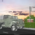 Military Truck Parked Roadside At Dusk With Utility Pole Street Lamp Hedge Brick Wall