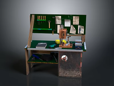 Functional Workbench With Green Surface Tools Storage Shelf And Craft Supplies 3d model