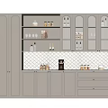 Modern Gray Wine Cabinet With Glass Doors Drawers And White Tiled Backsplash