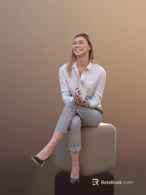 Smiling Woman Wearing White Shirt And Gray Pants Holding White Cup On Beige Stool 3d model 