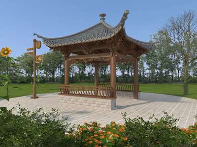 Outdoor Chinese Traditional Pavilion With Wooden Roof Green Plants And Sunflowers 3d model