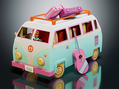 Turquoise And Pink Retro Styled Van With Orange Roof Rack Suitcases And Acoustic Guitar 3d model