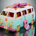 Turquoise And Pink Retro Styled Van With Orange Roof Rack Suitcases And Acoustic Guitar
