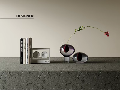 Minimalist Decorative Ornament Set With Spherical Vases Flower Leaves And Books On Gray Countertop 3d model
