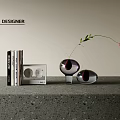 Minimalist Decorative Ornament Set With Spherical Vases Flower Leaves And Books On Gray Countertop
