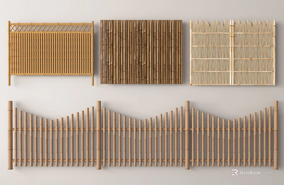 Bamboo Fence With Various Designs Featuring Vertical Slats And Curved Structures 3d model