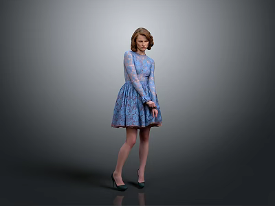 Child Wearing Blue Lace Dress Standing Against Grey Background With Crossed Hands And Green Shoes 3d model