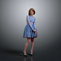 Child Wearing Blue Lace Dress Standing Against Grey Background With Crossed Hands And Green Shoes