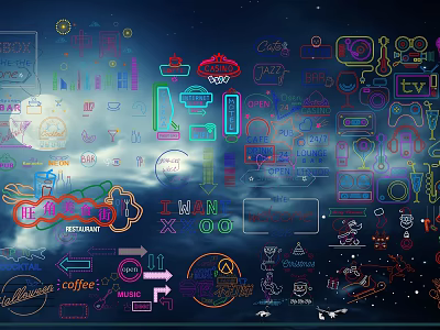Modern Neon Landscape Sculpture With Colorful Icons And Starry Sky Background 3d model