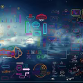 Modern Neon Landscape Sculpture With Colorful Icons And Starry Sky Background