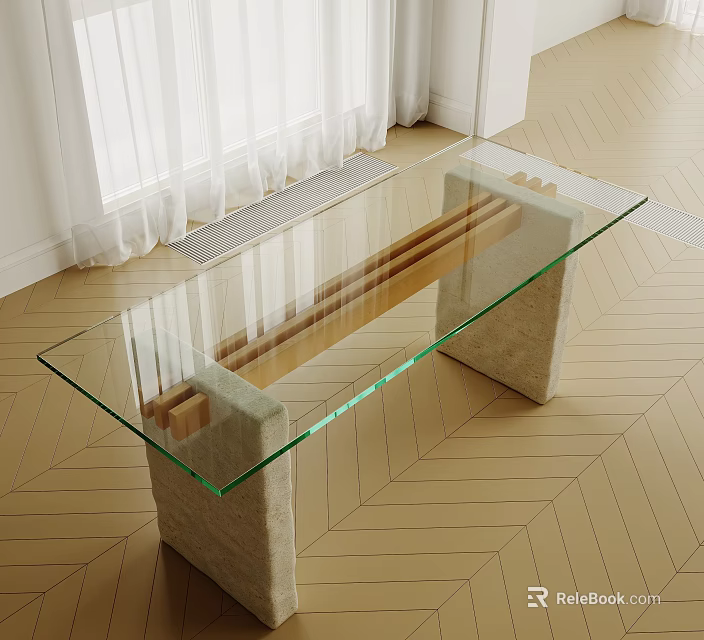 Modern Dining Table Featuring Glass Top Concrete Bases And Wooden Elements On Herringbone Floor 3d model 