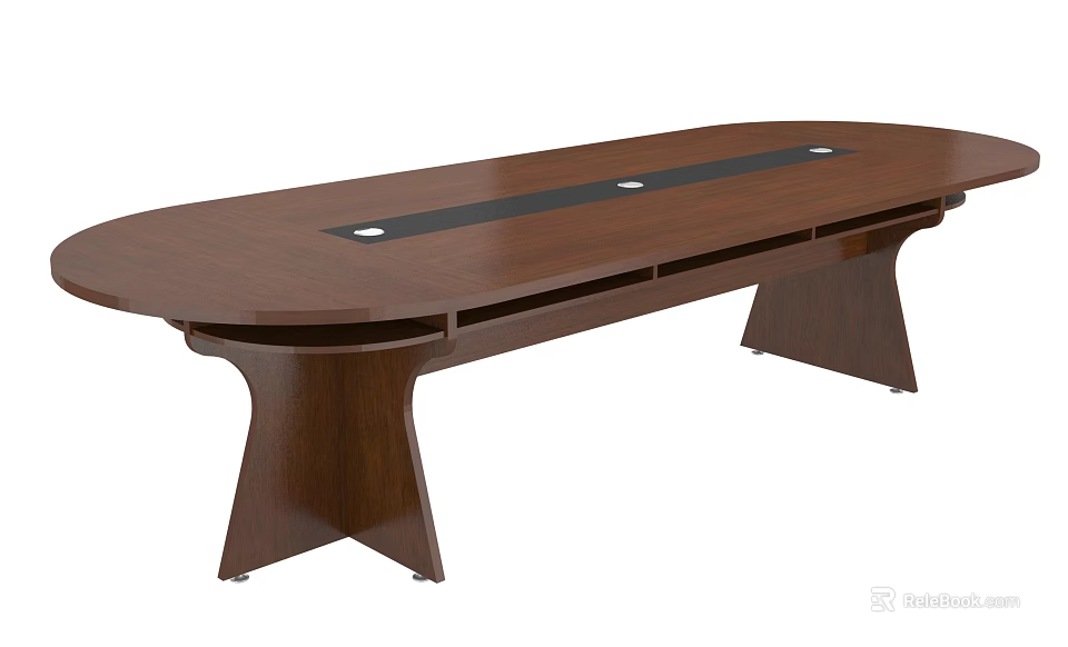 Oval Wooden Conference Table With Black Strip Top And Crossed Legs Design 3d model 
