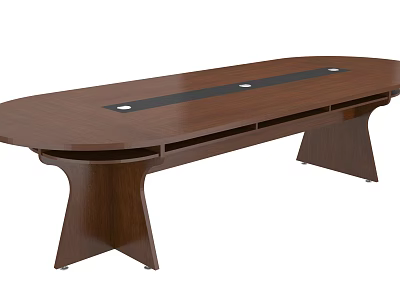Oval Wooden Conference Table With Black Strip Top And Crossed Legs Design 3d model