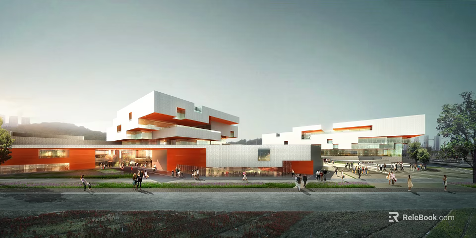 Modern White And Orange Building Complex With People Walking Outside Area 3d model 