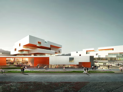 Modern White And Orange Building Complex With People Walking Outside Area 3d model