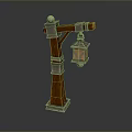 Vintage Street Lamp With Wooden Pole Metal Accents And Hanging Lantern