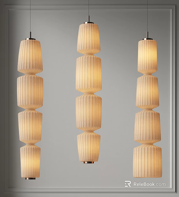 Modern Three Cream Colored Stacked Cylindrical Pendant Lights With Vertical Stripes And Illuminated Glow 3d model 