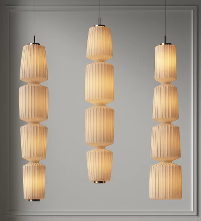 Modern Three Cream Colored Stacked Cylindrical Pendant Lights With Vertical Stripes And Illuminated Glow 3d model