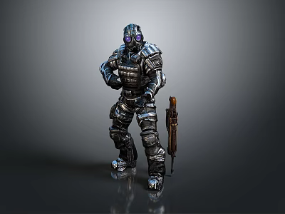 Purple Eyed Armored Character And Alien Creature In Sci Fi Battle Scene 3d model
