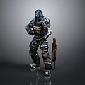Purple Eyed Armored Character And Alien Creature In Sci Fi Battle Scene
