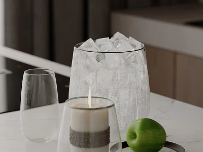 Inflatable Ice Bucket Filled With Ice Featuring Glass Cup Lit Candle And Green Apple On Table 3d model