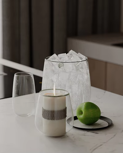 Inflatable Ice Bucket Filled With Ice Featuring Glass Cup Lit Candle And Green Apple On Table 3d model