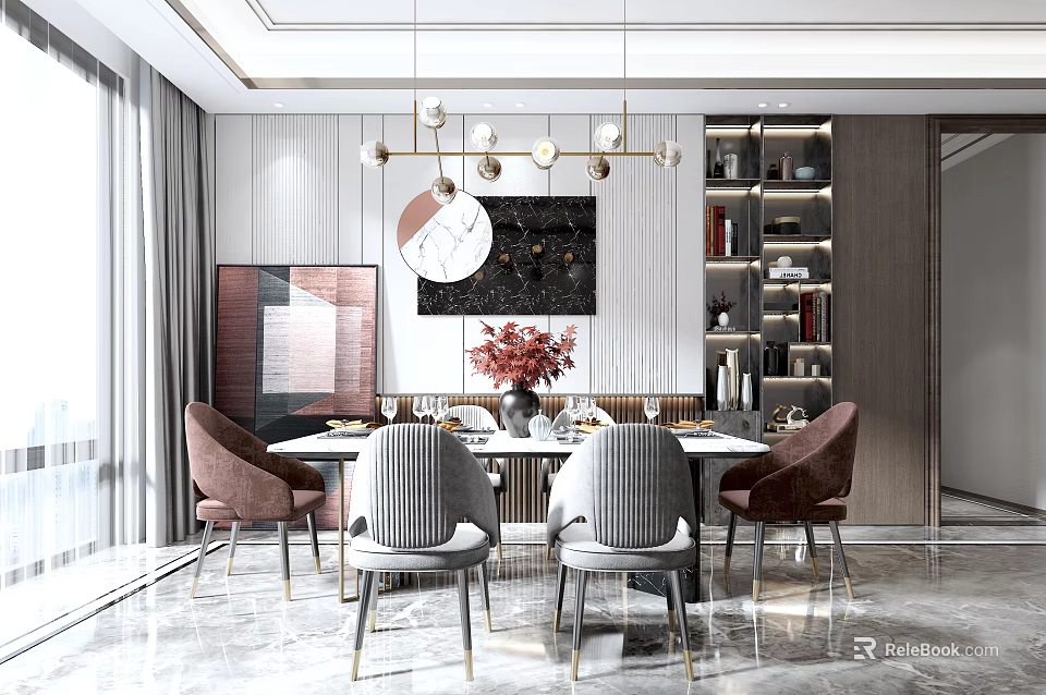 Modern Elegant Dining Room Interior With Round Dining Table Velvet Chairs And Pendant Lights 3d model