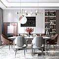 Modern Elegant Dining Room Interior With Round Dining Table Velvet Chairs And Pendant Lights 3d model