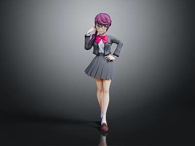 Anime Style Game Character In Gray School Uniform With Purple Hair Glasses And Pink Bow 3d model